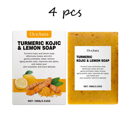 Oceaura Turmeric Lemon Soap Bar and packaging on white background for skin cleansing and brightening.