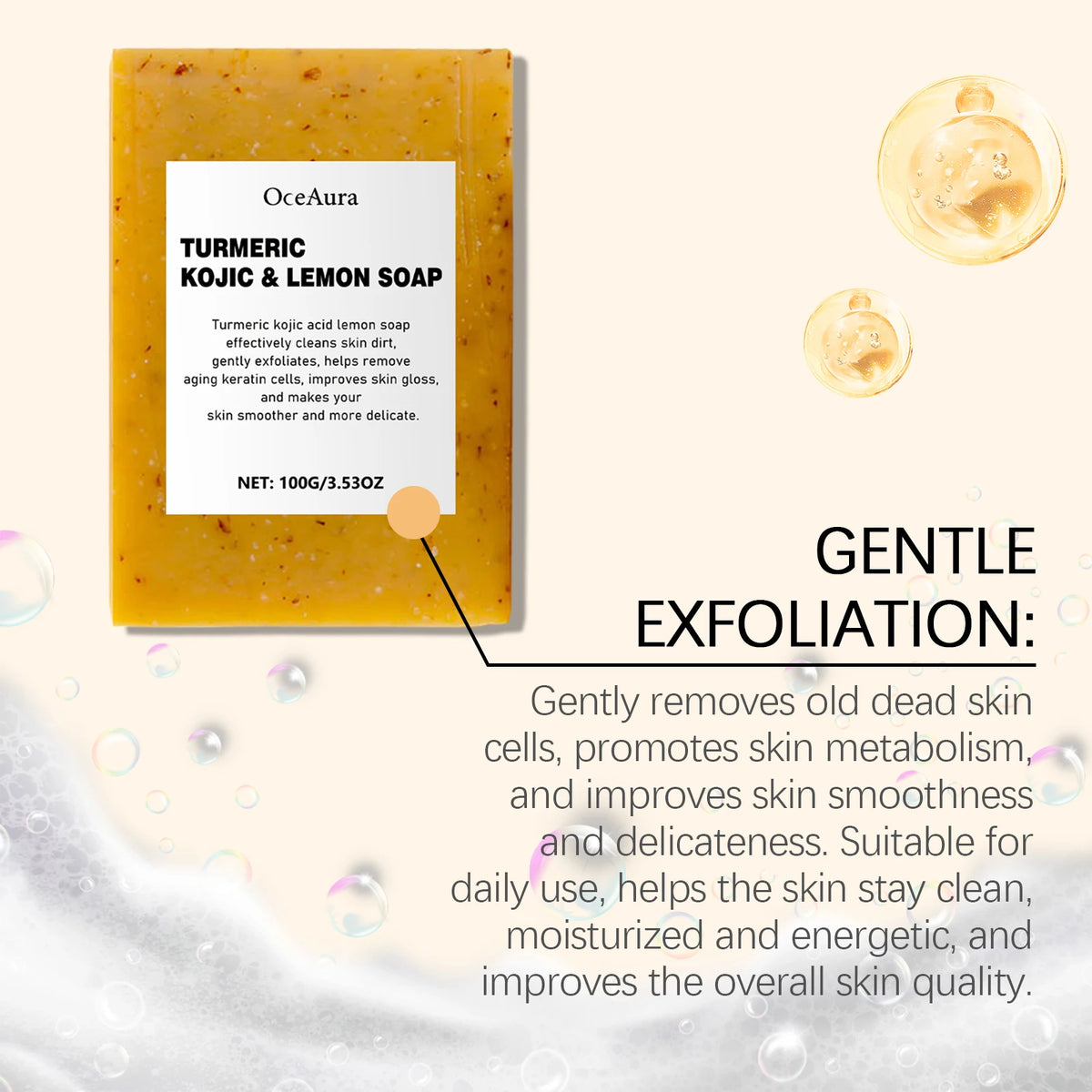 Oceaura Turmeric Lemon Soap Bar with product details and skin benefits on white background.