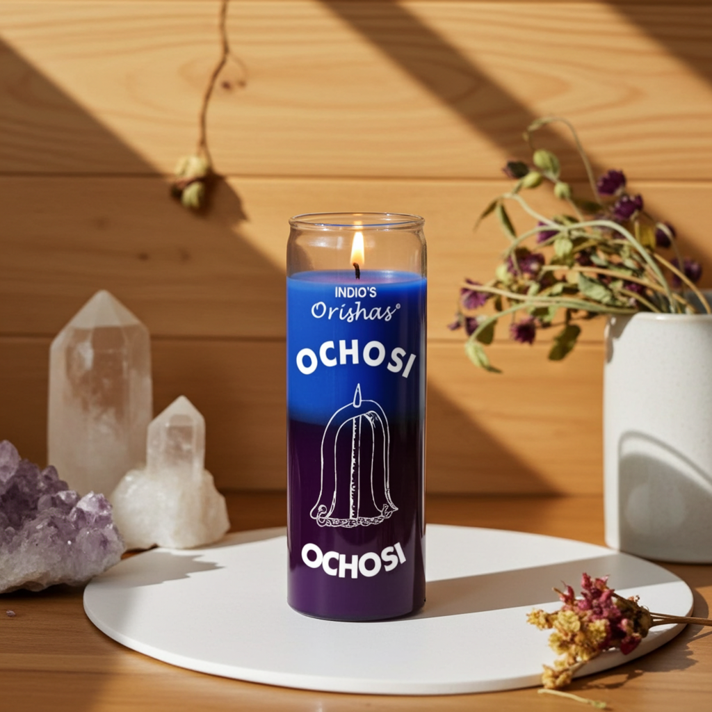 OCHOSI-ORISHAS 7 day candle glass jar in purple and blue for devotion, petition work, and ceremonial practice.