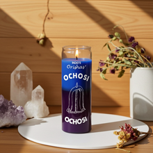 OCHOSI-ORISHAS 7 day candle glass jar in purple and blue for devotion, petition work, and ceremonial practice.