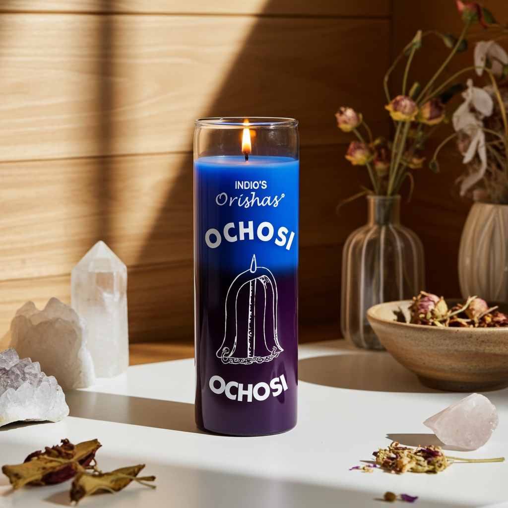 OCHOSI-ORISHAS purple and blue 7 day candle in glass jar for prayer, altar devotion, and spiritual ritual use.