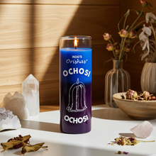 OCHOSI-ORISHAS purple and blue 7 day candle in glass jar for prayer, altar devotion, and spiritual ritual use.