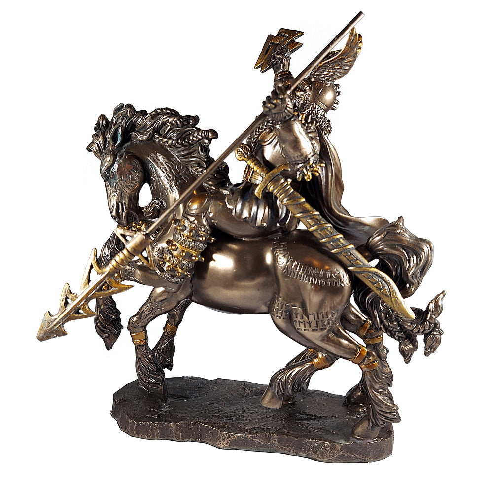 Odin riding Sleipnir statue for pagan decor, sacred space display, and Viking-inspired collection use.