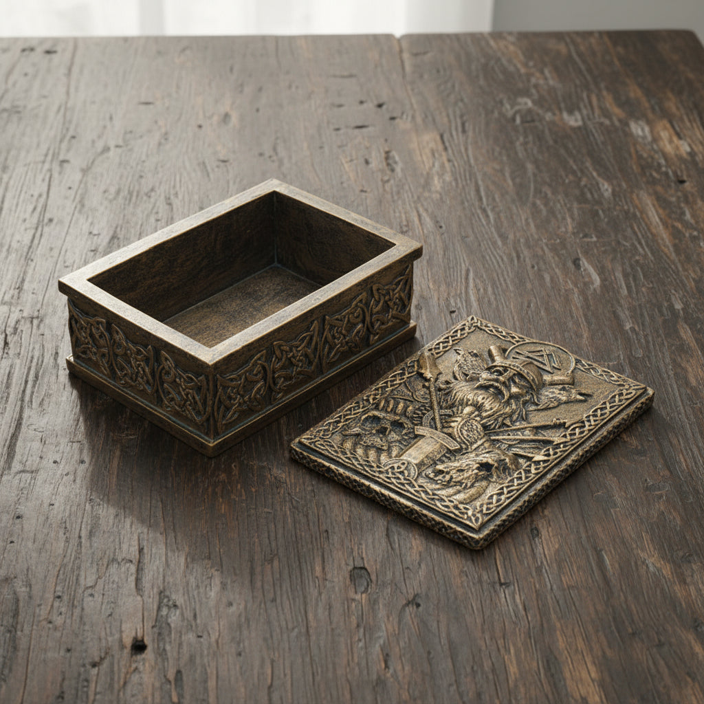 Odin trinket box ornamental storage box for displaying and protecting small valuables and Viking decor pieces.