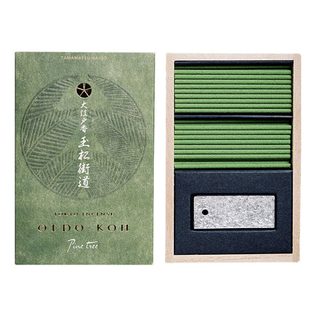 Oedo-Koh Pine Tree Incense Sticks tin stand and packaging.