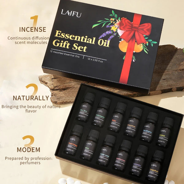 LAIFU 12-piece essential oil gift set in a black presentation box with twelve 10ml bottles.