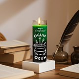 OGUN-ORISHAS 7 day candle in green and black glass for ritual use, prayer, and Orisha devotion.