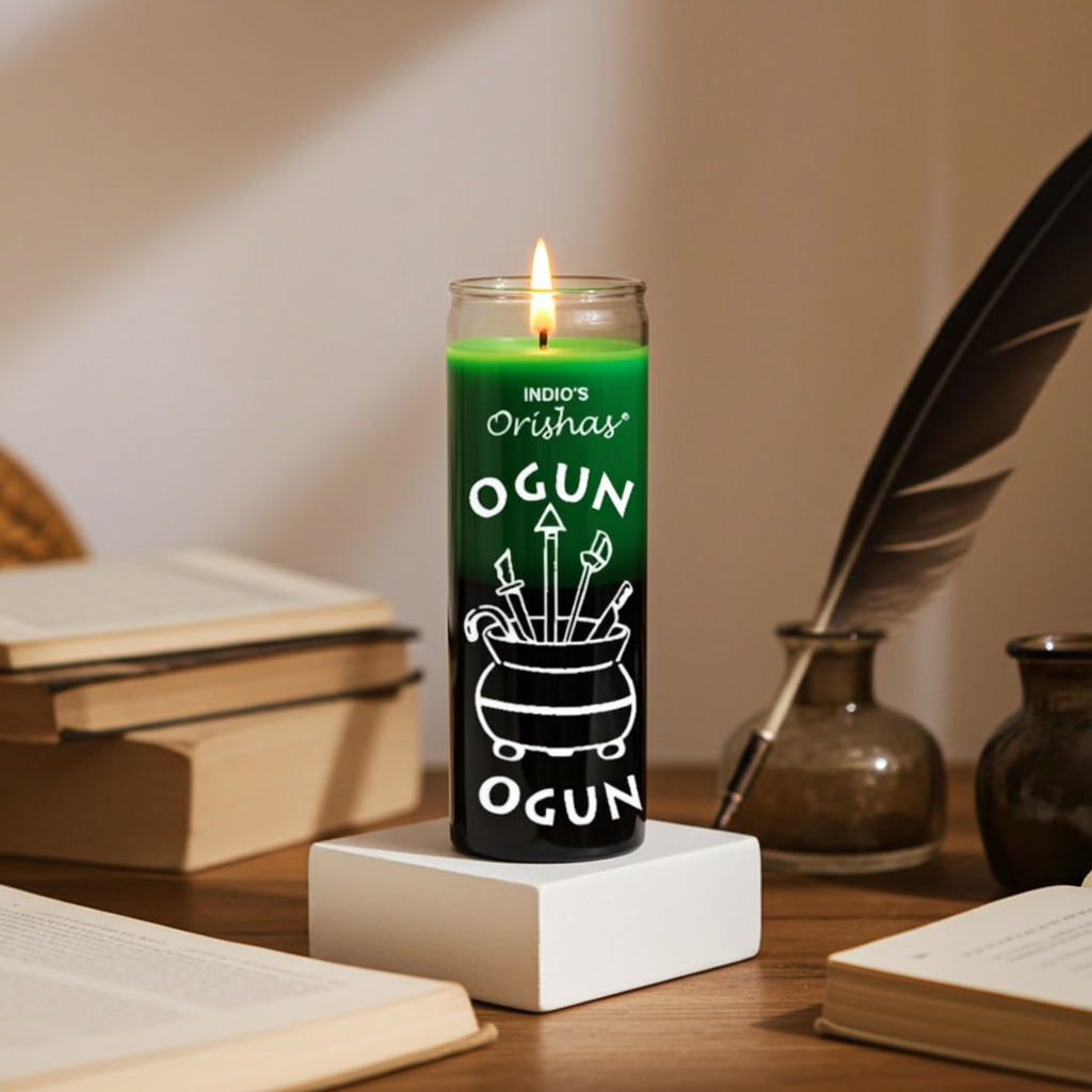 OGUN-ORISHAS 7 day candle in green and black glass for ritual use, prayer, and Orisha devotion.