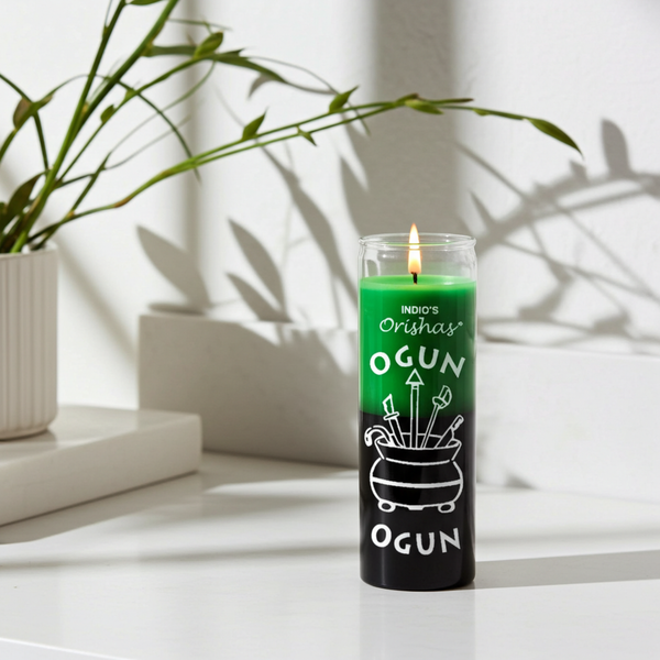 OGUN-ORISHAS green and black 7 day candle glass jar for spiritual offerings, altar work, and devotional practice.