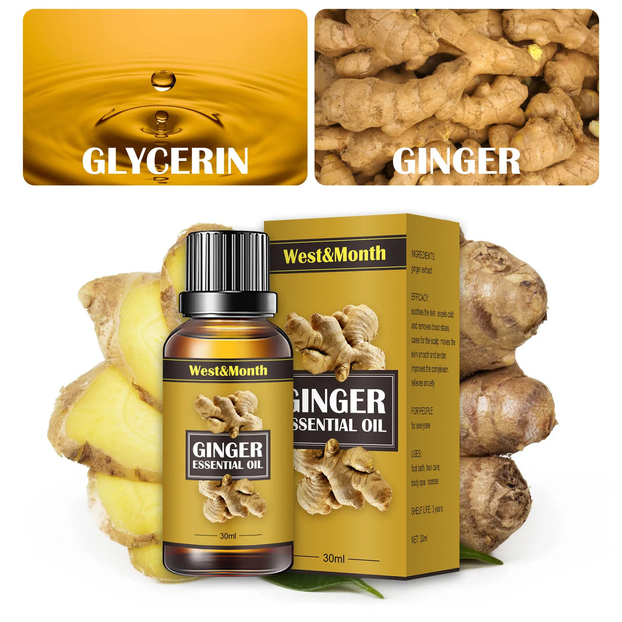 Ginger essential oil bottle and packaging with ginger roots and glycerin droplet on a white background
