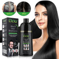 Okeny's Black Dyed Herbal Shampoo 400ml packaging with bottle and model with long black hair.