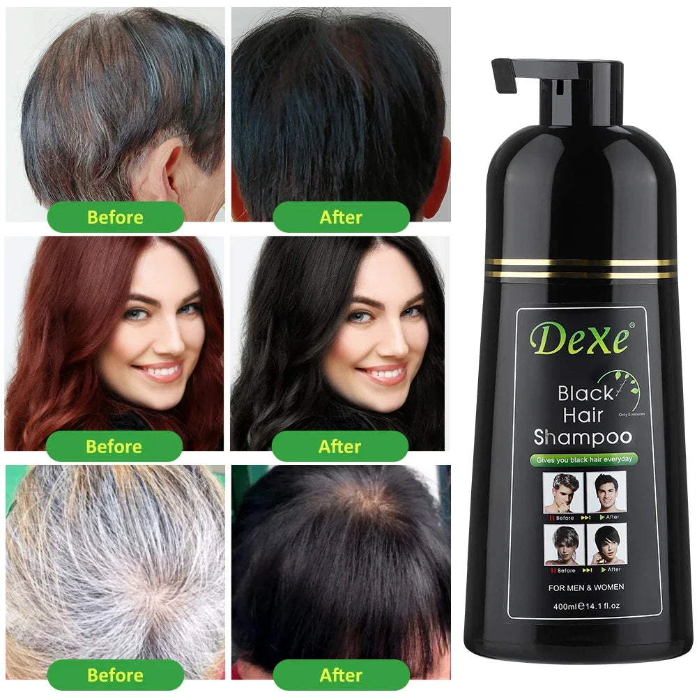 Okeny's Black Dyed Herbal Shampoo 400ml before and after hair color transformation images.