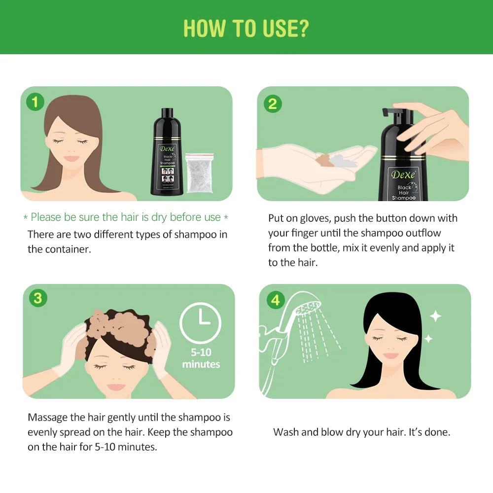 Okeny's Black Dyed Herbal Shampoo 400ml application instructions with bottle and usage steps.