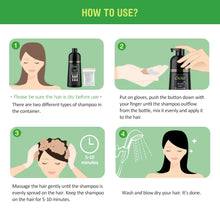 Okeny's Black Dyed Herbal Shampoo 400ml application instructions with bottle and usage steps.