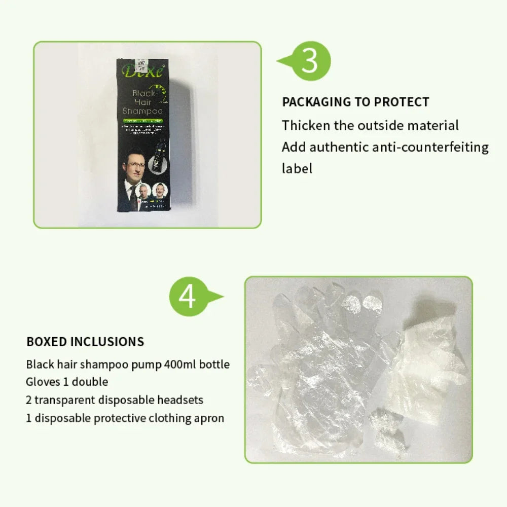 Okeny's Black Dyed Herbal Shampoo 400ml packaging details and product contents on white background.