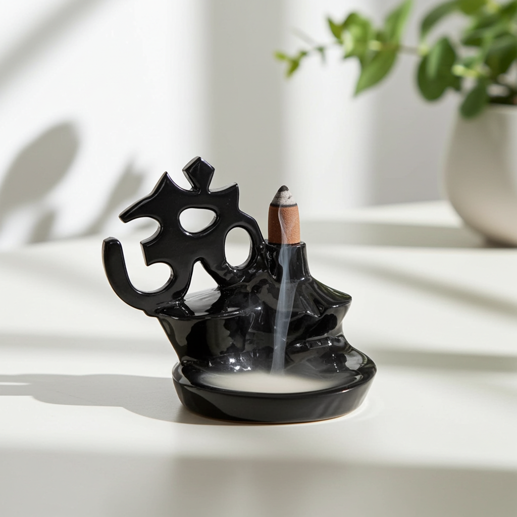 OM Backflow Cone Burner incense holder for aromatic cone burning, home décor, and calming spiritual practice.