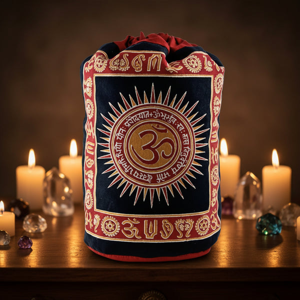 Om with Gayatri Mantra backpack for everyday carry, travel, and spiritually-themed accessories.