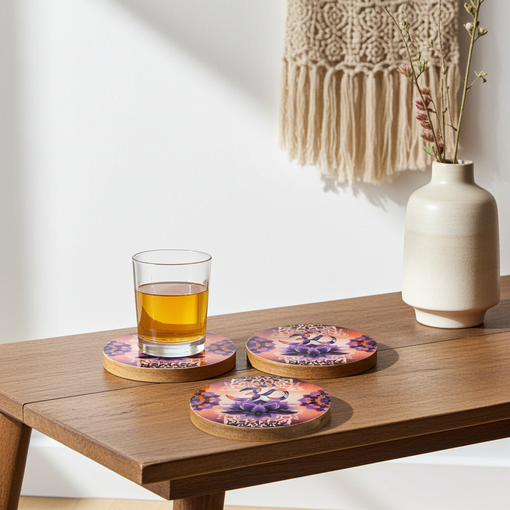 Om Namaste wooden coasters displayed on a table for everyday dining and home use.