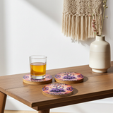 Om Namaste wooden coasters displayed on a table for everyday dining and home use.
