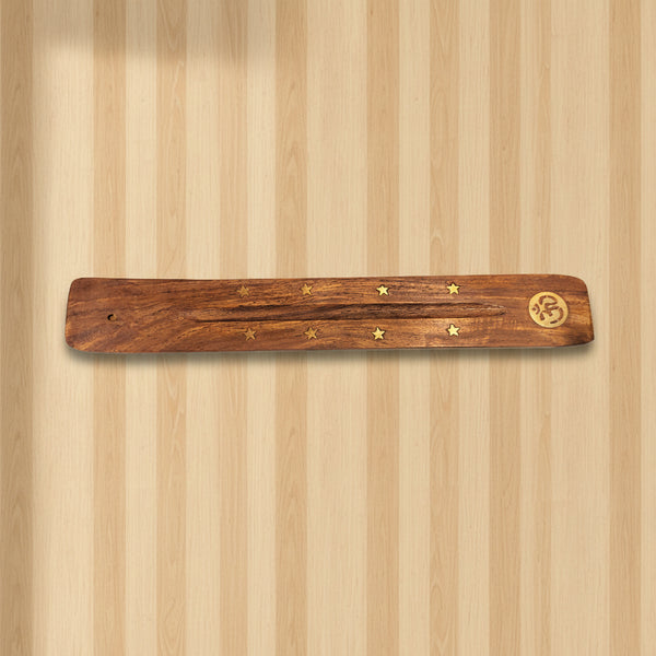Om wood incense boat burner for stick incense burning, altar decor, and meditation spaces.