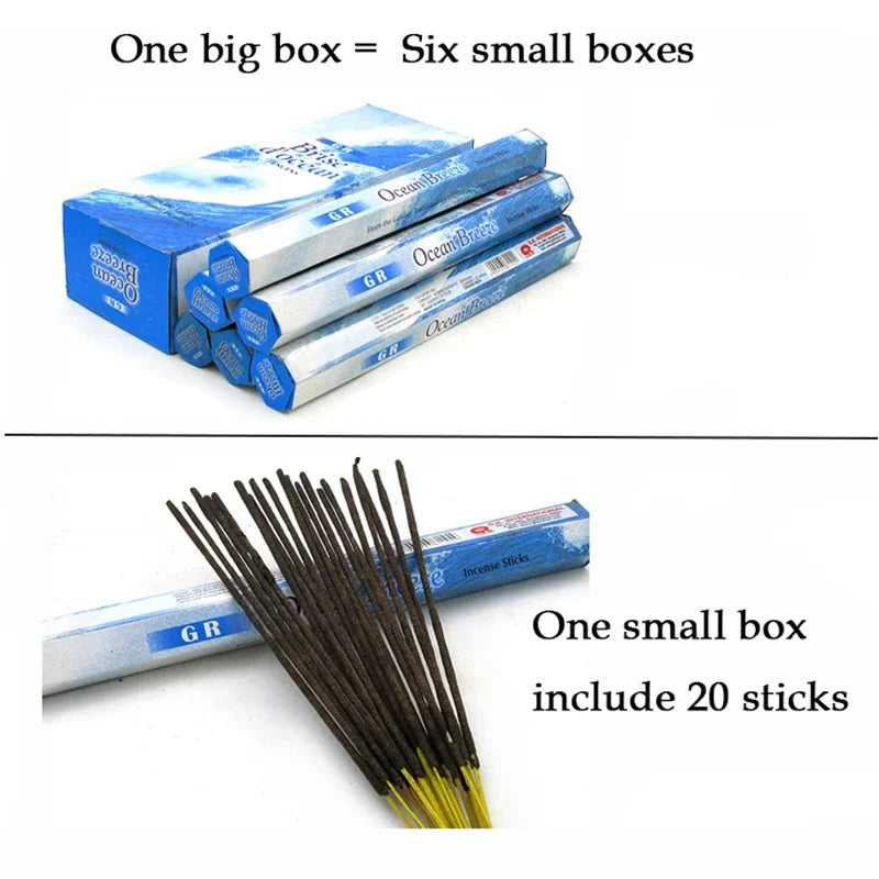 Comparison of one big box containing six small boxes and one small box with 20 sticks of incense.