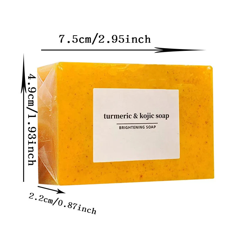 ONNYJOY Turmeric Kojic Acid Whitening Soap 100g bar with dimensions on white background.