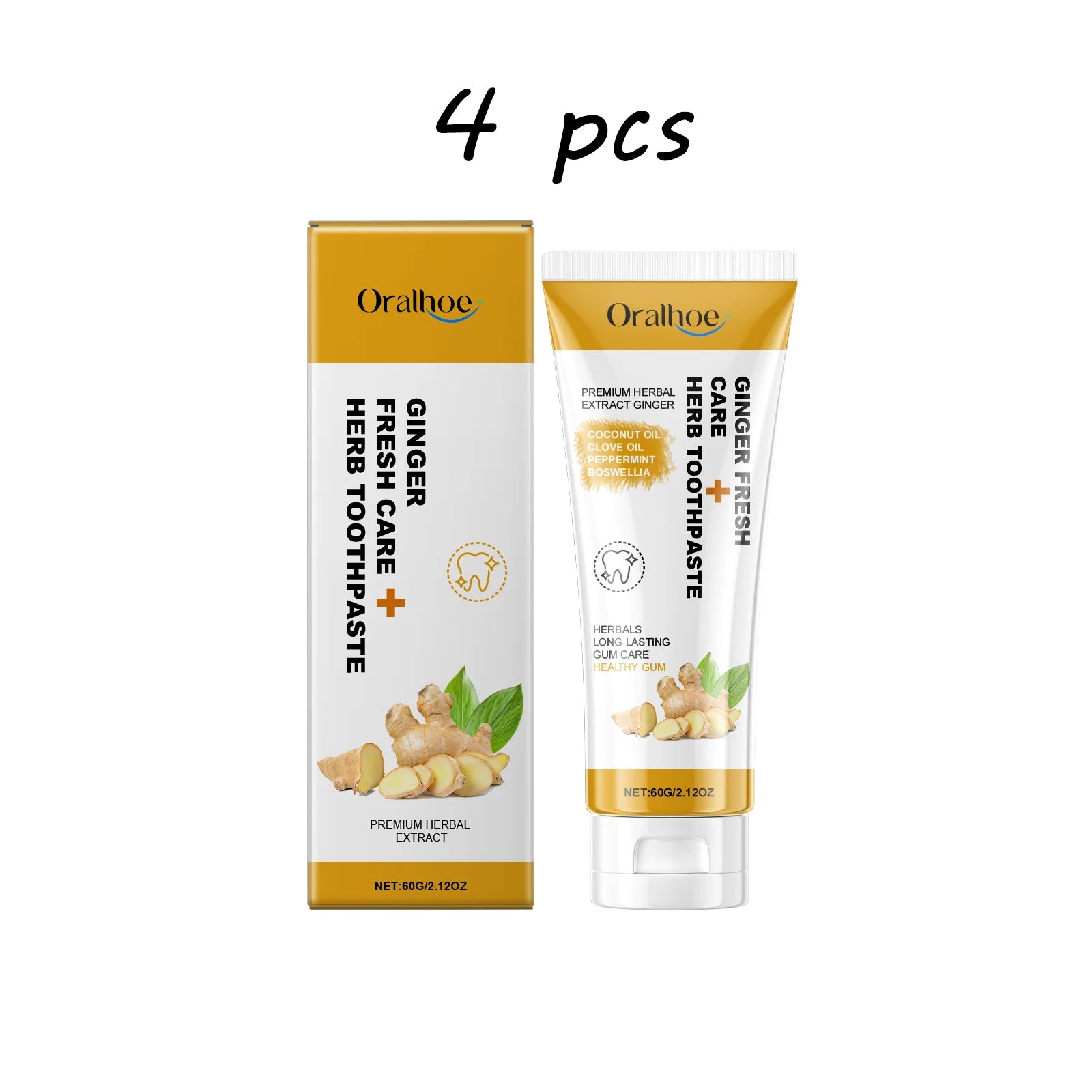 Oralhoe Ginger Herbal Toothpaste box and tube packaging front view for natural herbal oral care.