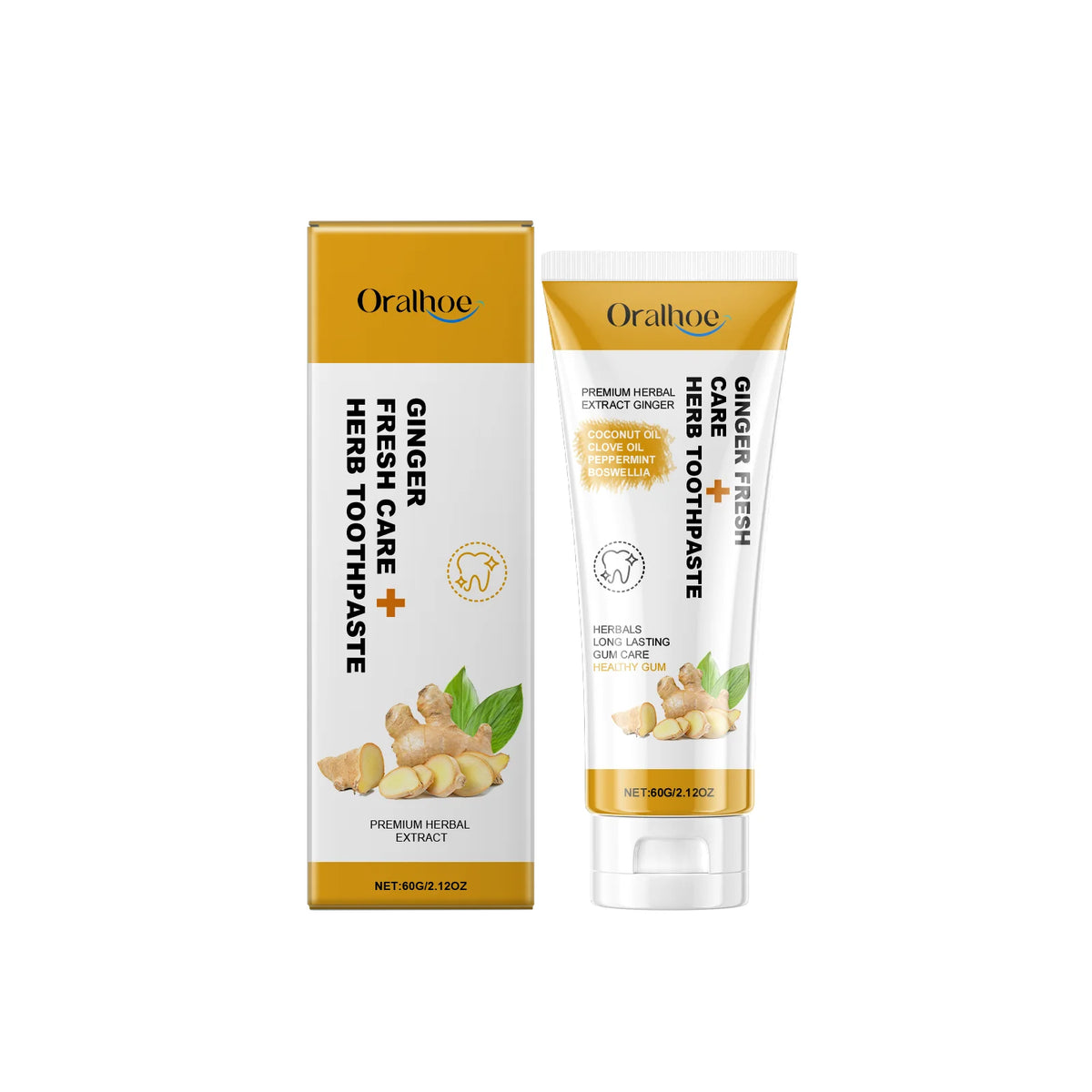 Oralhoe Ginger Herbal Toothpaste box and tube packaging side view for daily whitening and freshness.
