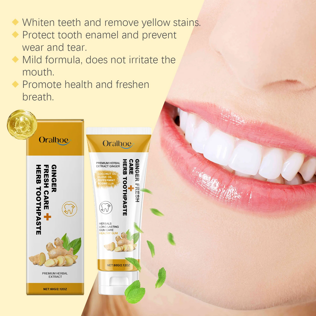 Oralhoe Ginger Herbal Toothpaste 60g tube detail view for sensitive gum care and enamel strengthening.
