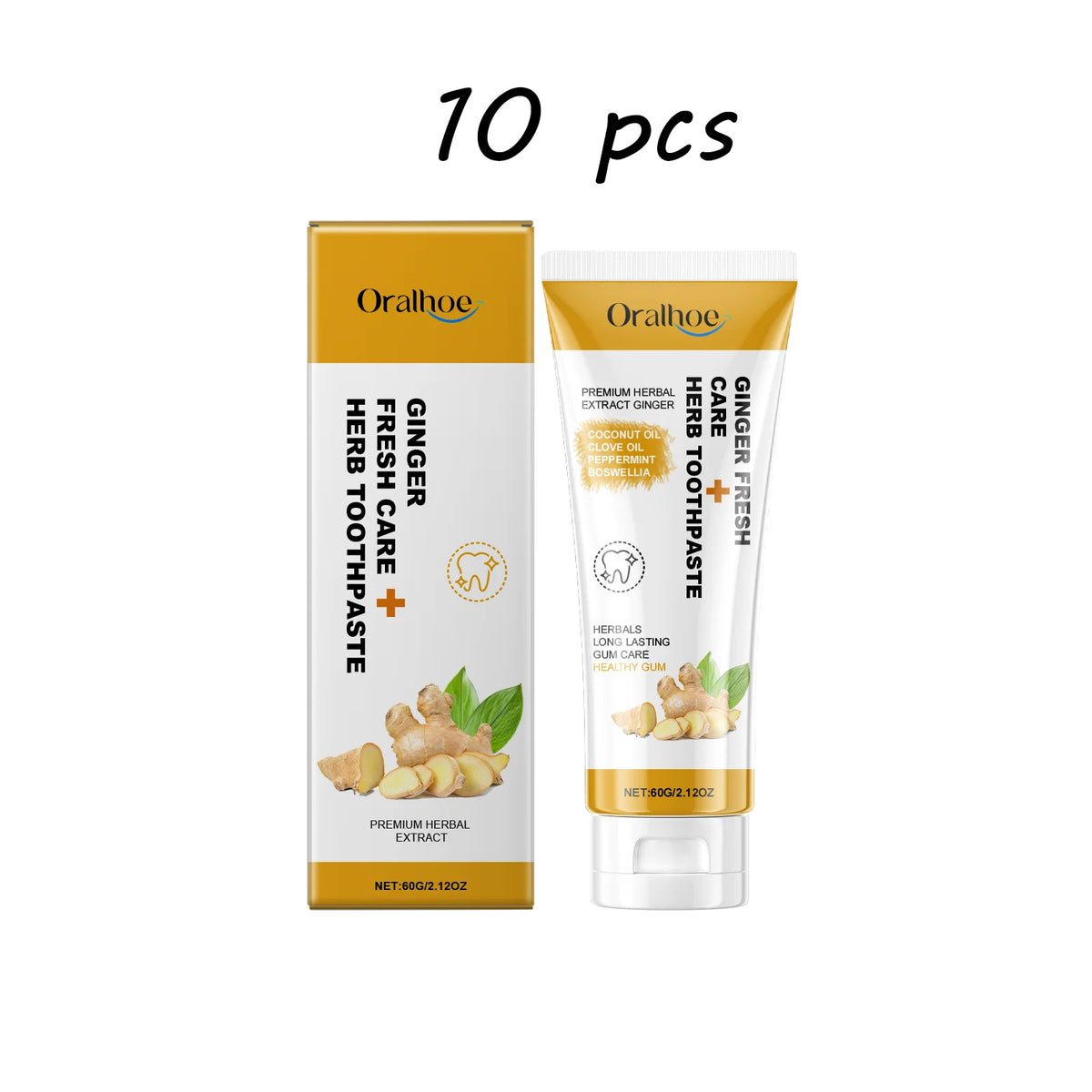 Oralhoe Ginger Herbal Toothpaste 60g tube on white background for herbal stain removal and gum care.