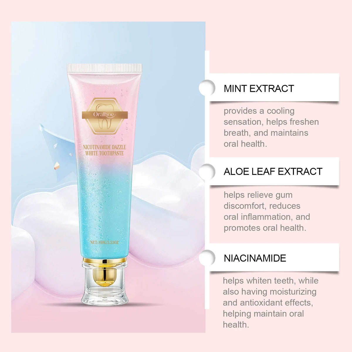 Oralhoe Nicotinamide Teeth Brightening Toothpaste ingredients list for stain-lifting and brightening care.