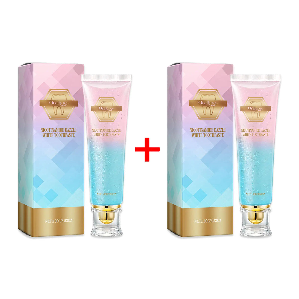 Oralhoe Nicotinamide Teeth Brightening Toothpaste 100g tubes and box set on white background.