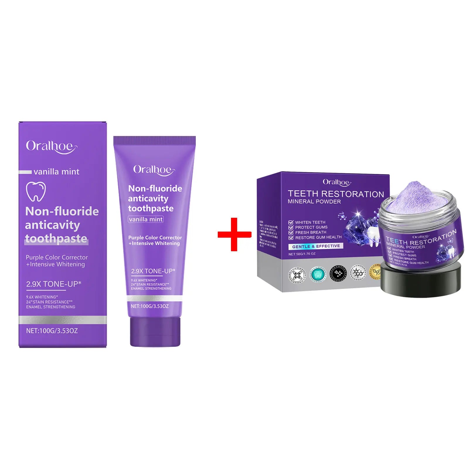 Oralhoe Purple Teeth Whitening Mineral Powder complete product set for daily stain removal and oral care.