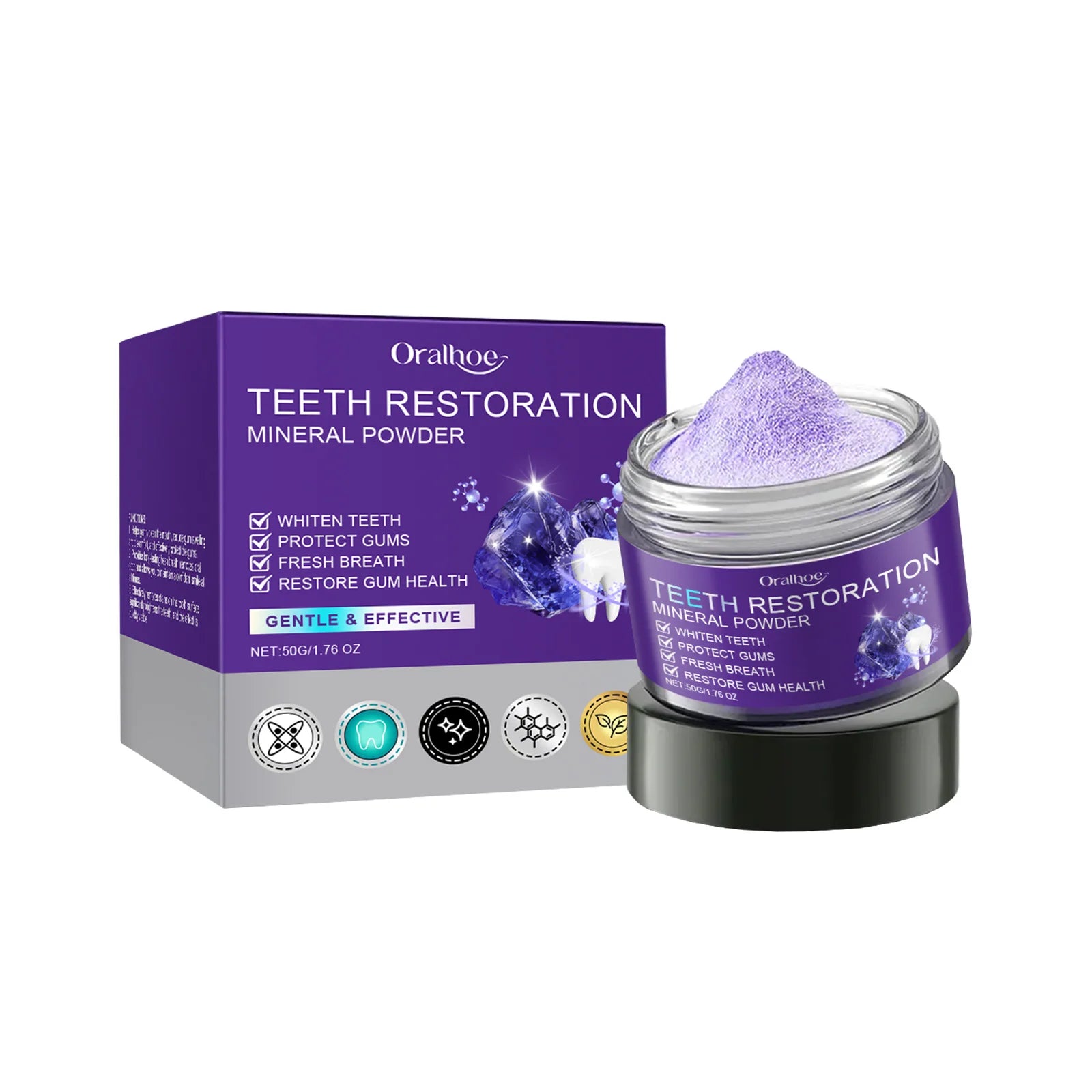 Oralhoe Purple Teeth Whitening Mineral Powder jar and packaging box on white background.