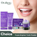 Oralhoe Purple Teeth Whitening Mineral Powder and toothpaste product range with whitening smile.