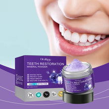 Oralhoe Purple Teeth Whitening Mineral Powder packaging with smiling close-up for daily whitening.