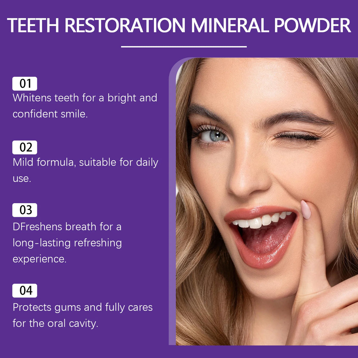 Oralhoe Purple Teeth Whitening Mineral Powder with woman showing bright whitened smile.
