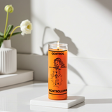 Orange controlling 7 day glass candle for focus, domination prayers, and spiritual ritual practice.