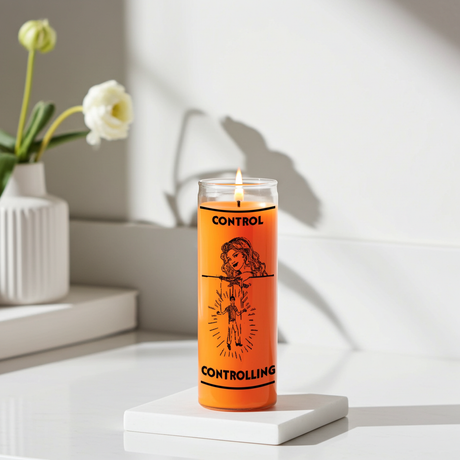 Orange controlling 7 day glass candle for focus, domination prayers, and spiritual ritual practice.