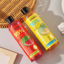 Organic Fruit Infusion Shower Gel 300ml bottles on light surface with woven basket for natural body care display.