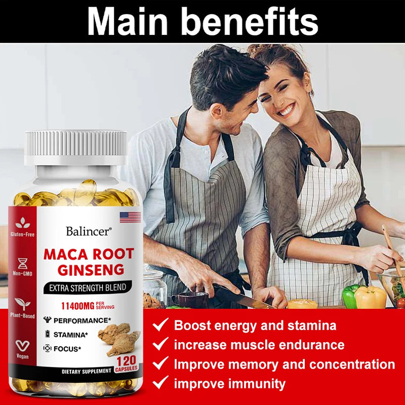 Organic Maca Root Ginseng Capsules bottle for natural vitality support, routine wellness, and daily capsule use.