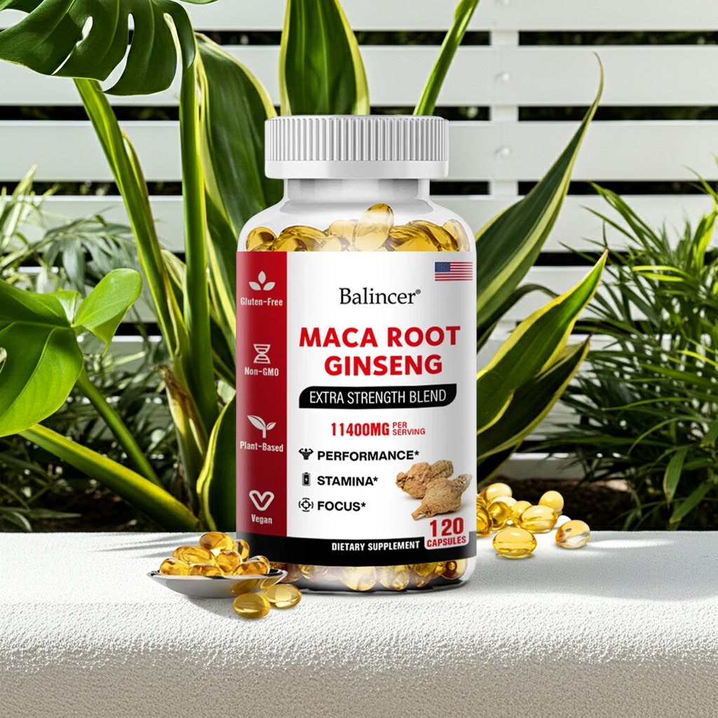 Organic Maca Root Ginseng Capsules bottle for vitality and stamina support, active wellness, and routine supplement use.