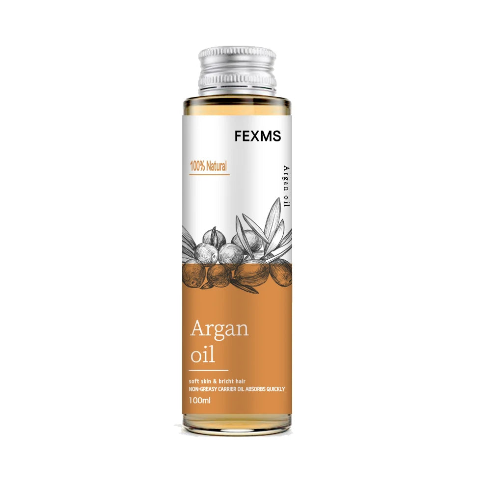 Organic Moroccan Argan Oil 100% pure cold-pressed bottle standalone on white background for hair and skin care.
