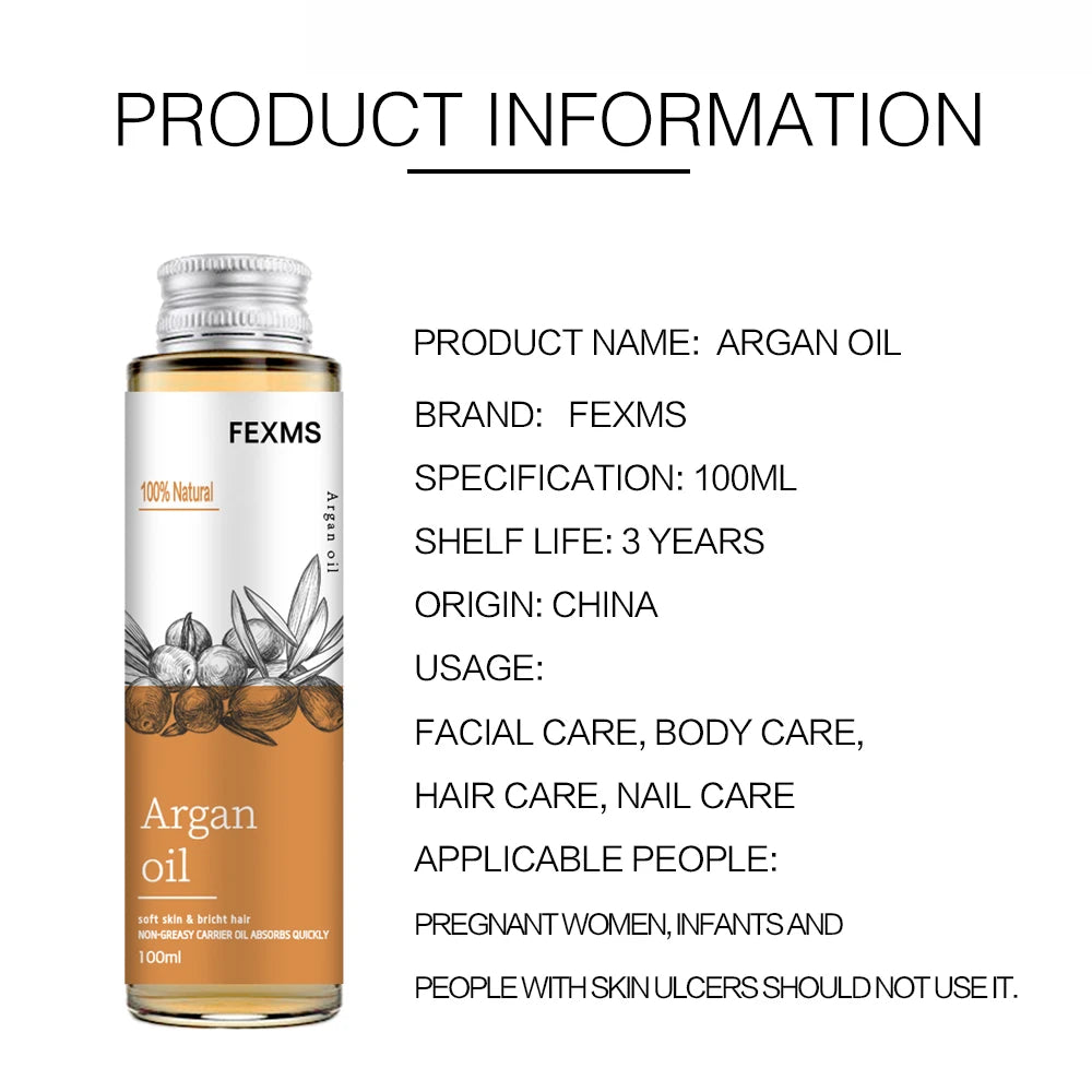 Organic Moroccan Argan Oil cold-pressed product information and ingredient details on white background.