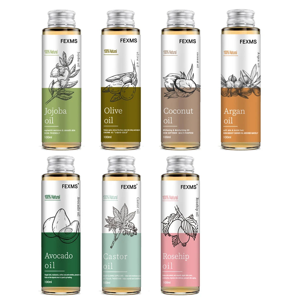 Organic Moroccan Argan Oil and companion pure natural oils collection set of bottles on white background.