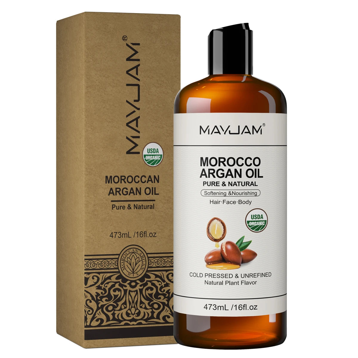 Organic skin and hair oil with cold-pressed coconut and Moroccan argan oils for moisturizing, smoothing, and restorative beauty care.