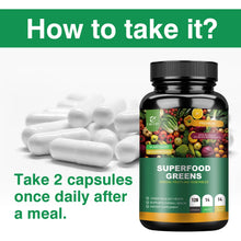 Organic Superfood Greens Capsules bottle for daily refresh support, internal cleansing, and convenient superfood supplementation.