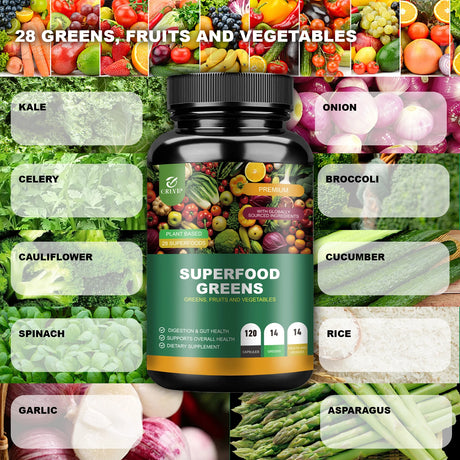 Organic Superfood Greens Capsules dietary supplement bottle for daily wellness, digestive support, and convenient greens nutrition.
