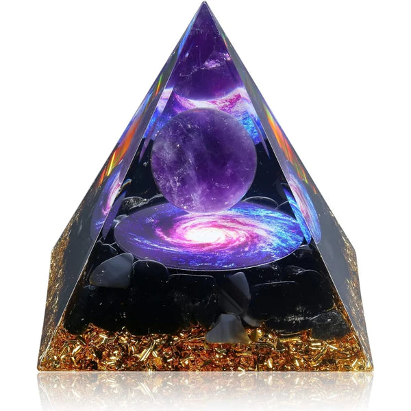 Orgone Pyramid with Amethyst & Obsidian for meditation, energy healing, and home décor.