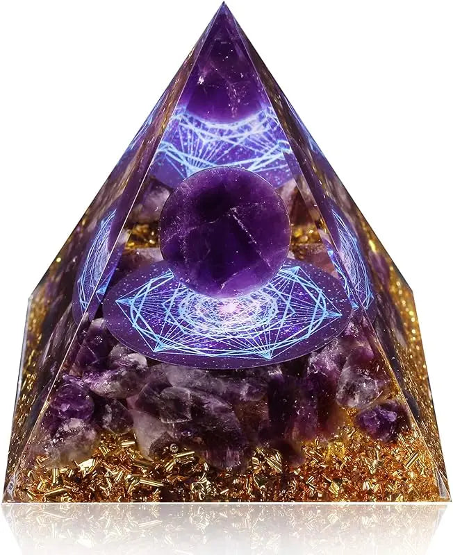 Orgone Pyramid with Amethyst & Obsidian for meditation, energy healing, and home décor.
